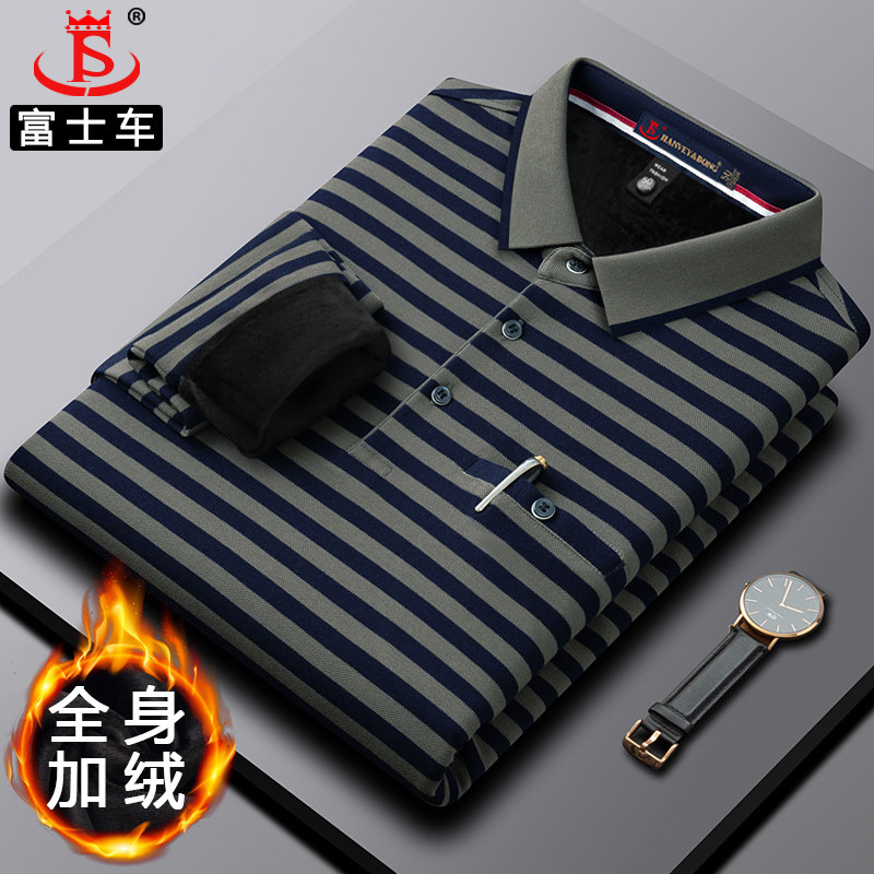 中老年男士t恤长袖高端加绒加厚翻领Polo衫男装条纹口袋爸爸上衣