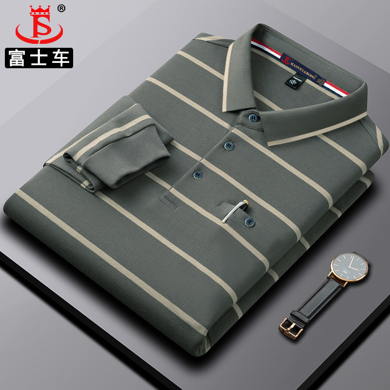 中老年男士t恤长袖条纹polo翻领男装纯棉真口袋高档爸爸春秋上衣