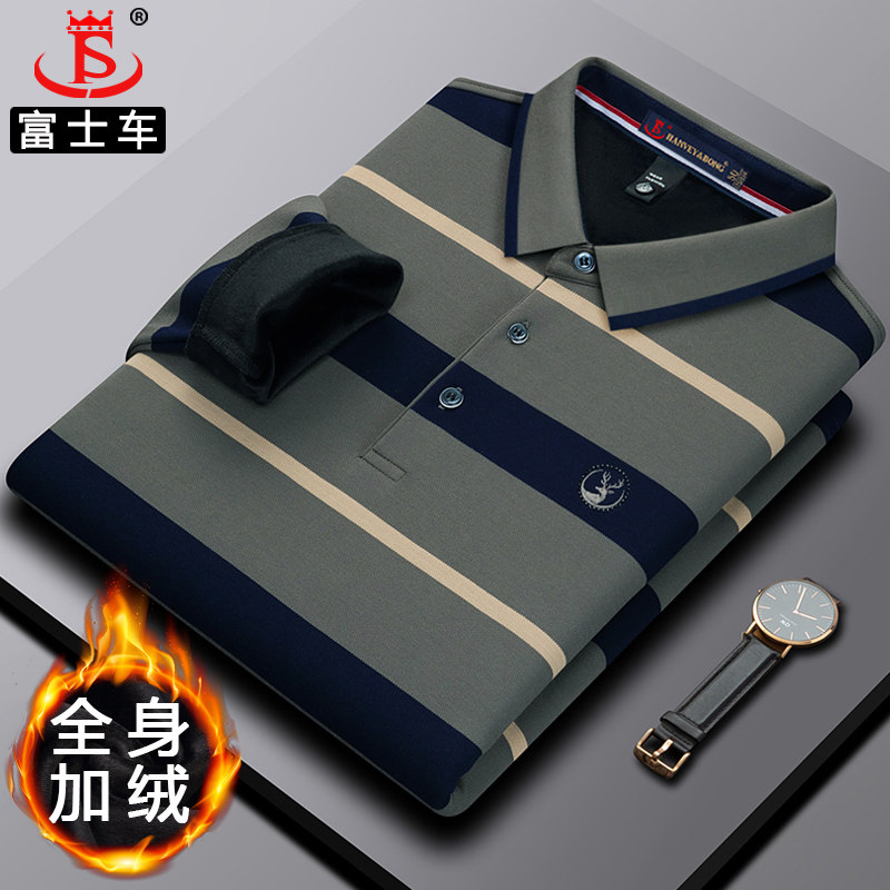 加绒加厚中老年男款长袖t恤爸爸冬季polo衫保暖上衣真口袋打底衫