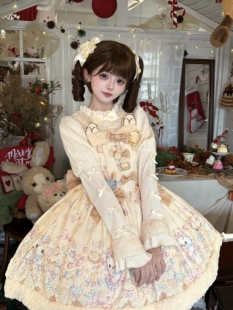 绒兔气泡糕原创 小熊点心 高腰背带小熊印花甜美Lolita设计连衣裙