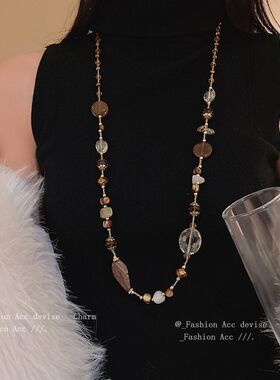 不规则汉白玉玛瑙串珠项链民族风复古秋冬毛衣链小众时尚设计项饰