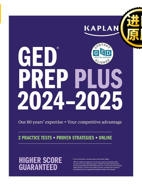 GED Test Prep Plus 2024-2025 卡普兰GED考试备考指南 含2套试题+1千道问答+60小时在线视频教学
