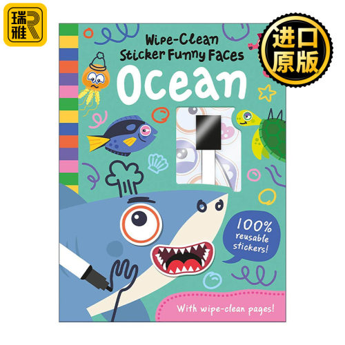 英文原版 Wipe-Clean Sticker Funny Faces Ocean 海洋萌趣变脸书 可擦写贴纸创意精装活动书 训练精细动作与手眼协调 英文版