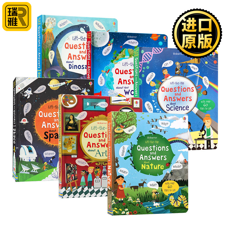 你问我答科普翻翻书6册 英文原版绘本Usborne Questions And Answers关于自然 科学 恐龙 太空 我们的世界 艺术尤斯伯恩系列纸板书