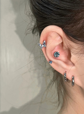 zoozmini蓝色锆石爱心蝴蝶耳钉女拧螺丝耳蜗钉s925睡觉免摘耳骨钉