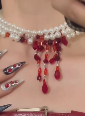 万圣节滴血珍珠项链choker多层