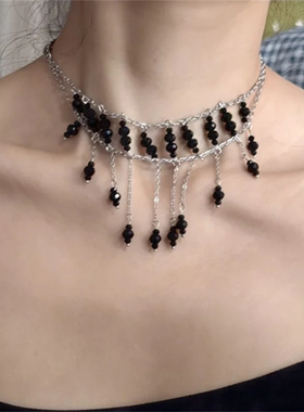 黑色串珠流苏项链高级小众锁骨链