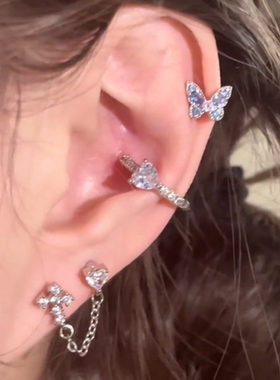 zoozmini蓝色锆石蝴蝶耳钉女甜美拧螺丝耳蜗钉睡觉免摘钛钢耳骨钉