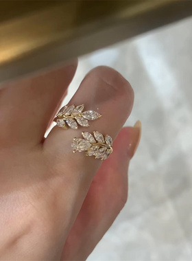 超闪锆石树叶开口戒指轻奢高级感