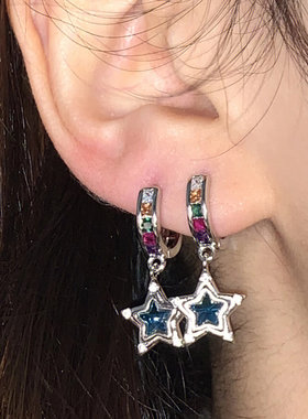 zoozmini蓝色五角星皓石耳扣女彩色精致独特辣妹小众设计耳钉耳饰