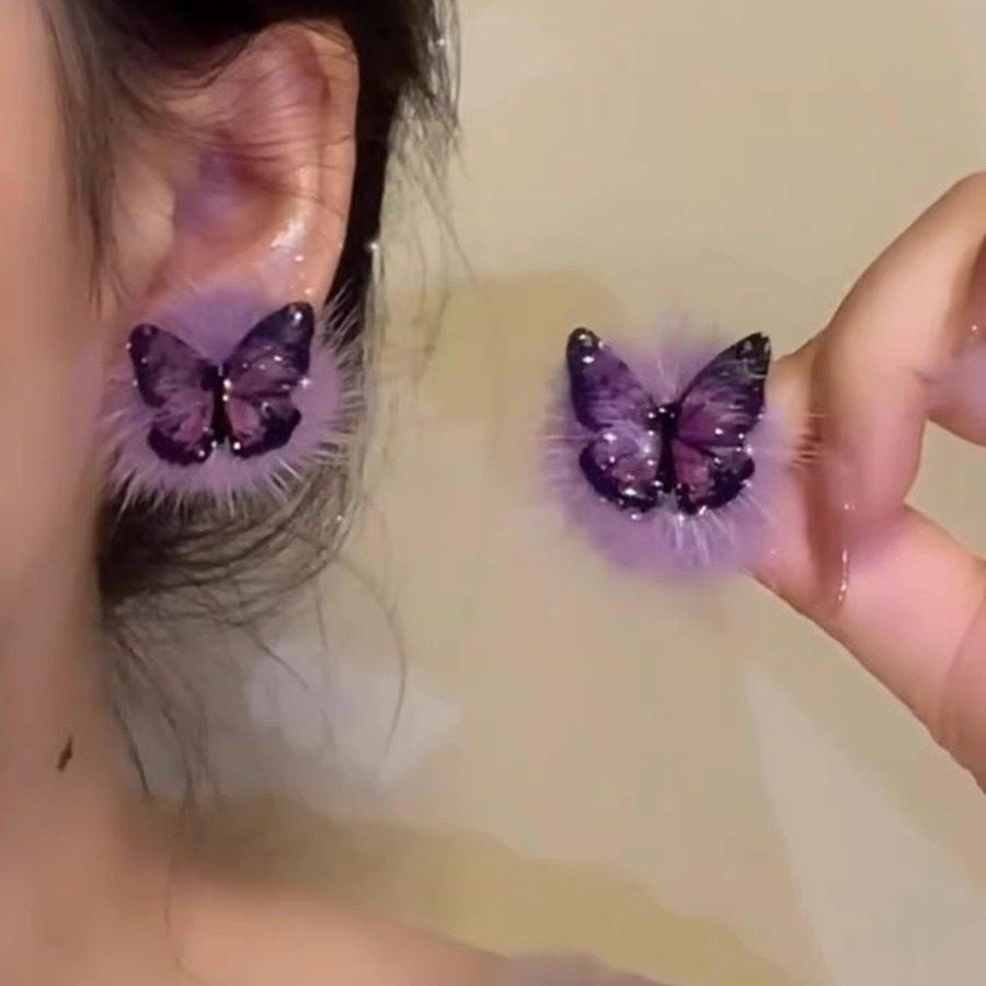 zoozmini纯欲毛绒绒紫色蝴蝶耳钉秋冬新款时尚高级感小众耳饰耳环,饰品/流行首饰/时尚饰品新,耳环,淘宝优惠券,粉丝福利购,淘宝优惠卷