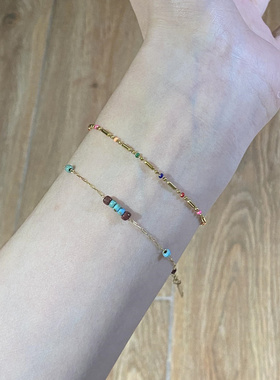 青红撞色金色链条细手链精致小巧