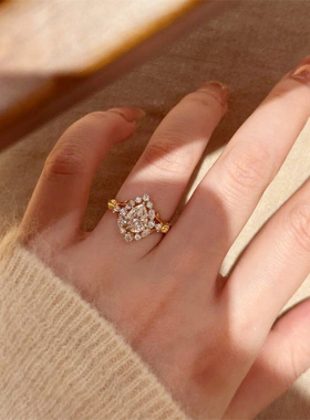 中古金色水滴锆石戒指女小众设计