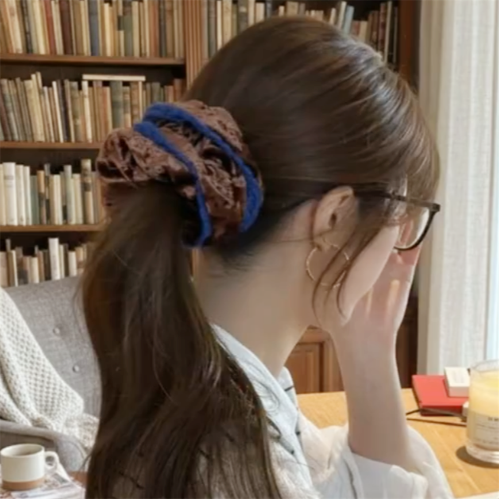 咖色蓝花边丝绒发圈女时尚洋气