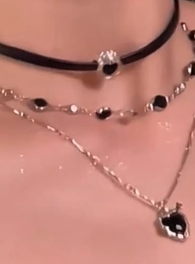 爱心多层叠戴项链女甜酷黑皮绳链