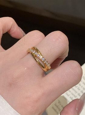 中古超闪锆石三环戒指小众设计感