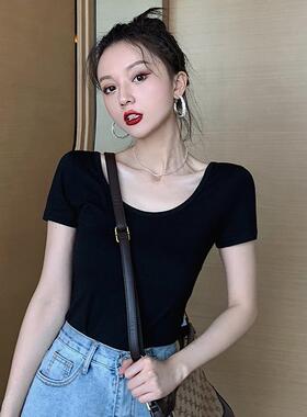 2022新款纯色黑色u领露背短袖T恤女夏修身半袖大领口低领紧身上衣