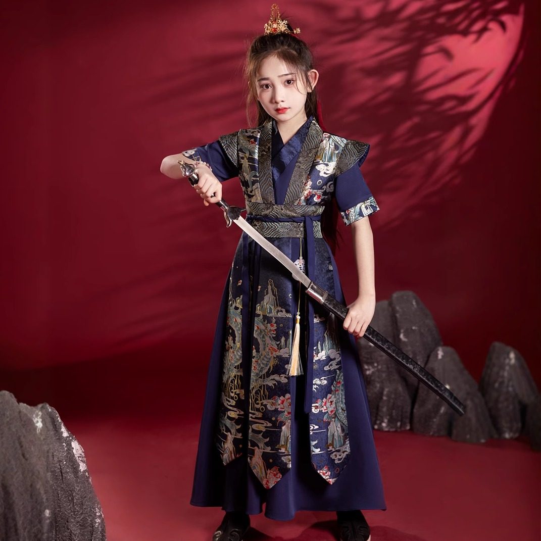 新款汉服女童夏装短袖薄款中国风古装花木兰古装儿童长款藏青夏季