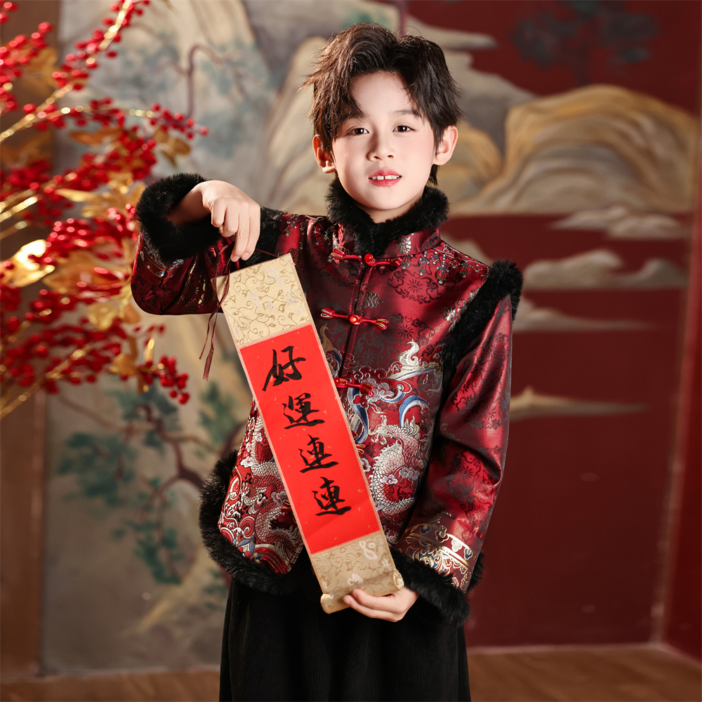 男童唐装拜年服上衣冬季红色新年