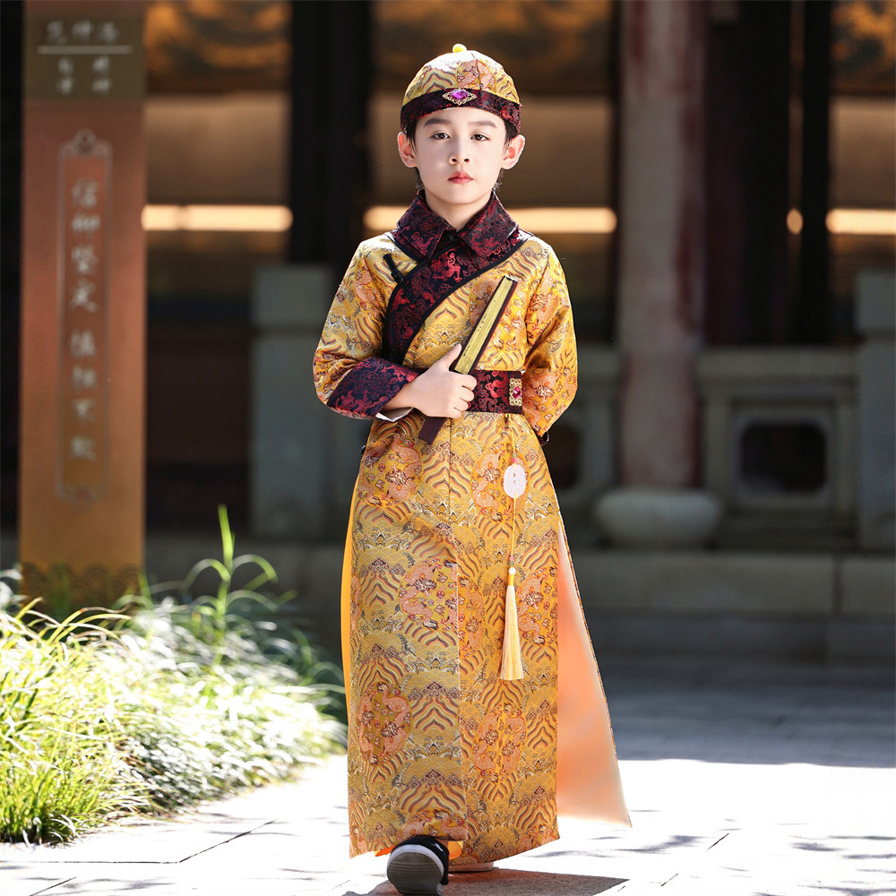 汉服男童清朝古装儿童皇帝服贝勒阿哥服春秋款连体金色帅气演出服