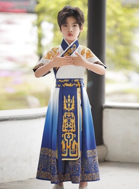汉服男童夏装短袖薄款刺绣中国风超帅蓝色国学服古装儿童夏季透气
