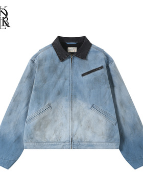 蓝布屋15OZ重磅复古做旧水洗翻领底特律夹克男拉链外套KRBLJKT678