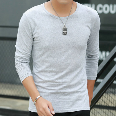 全棉男士长袖T恤纯棉圆领纯色打底衫重磅宽松白色上衣服男装内搭