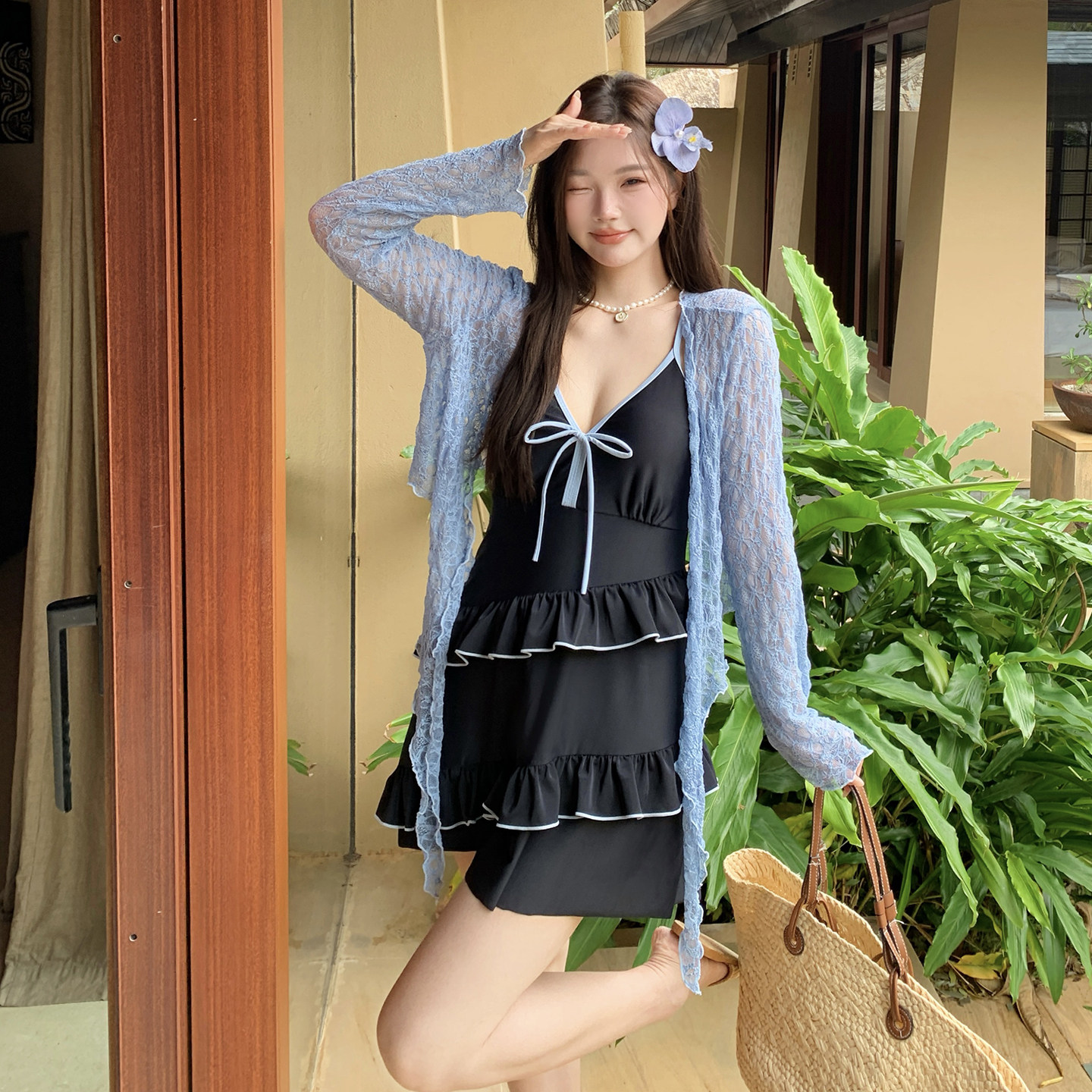 泳衣女款连体裙式长袖罩衫大码胖mm微胖女孩遮肉高级感泡温泉泳装