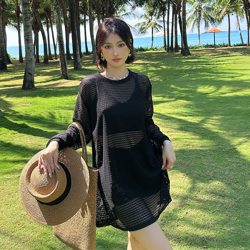 泳衣女款纯色分体三件套长袖罩衫性感大码微胖遮肉高级感女士泳装