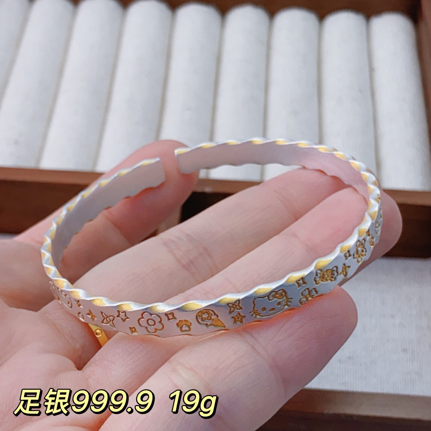 足银9999纯银描金KT猫吉言手镯女国潮民族风实心开口招财猫手环
