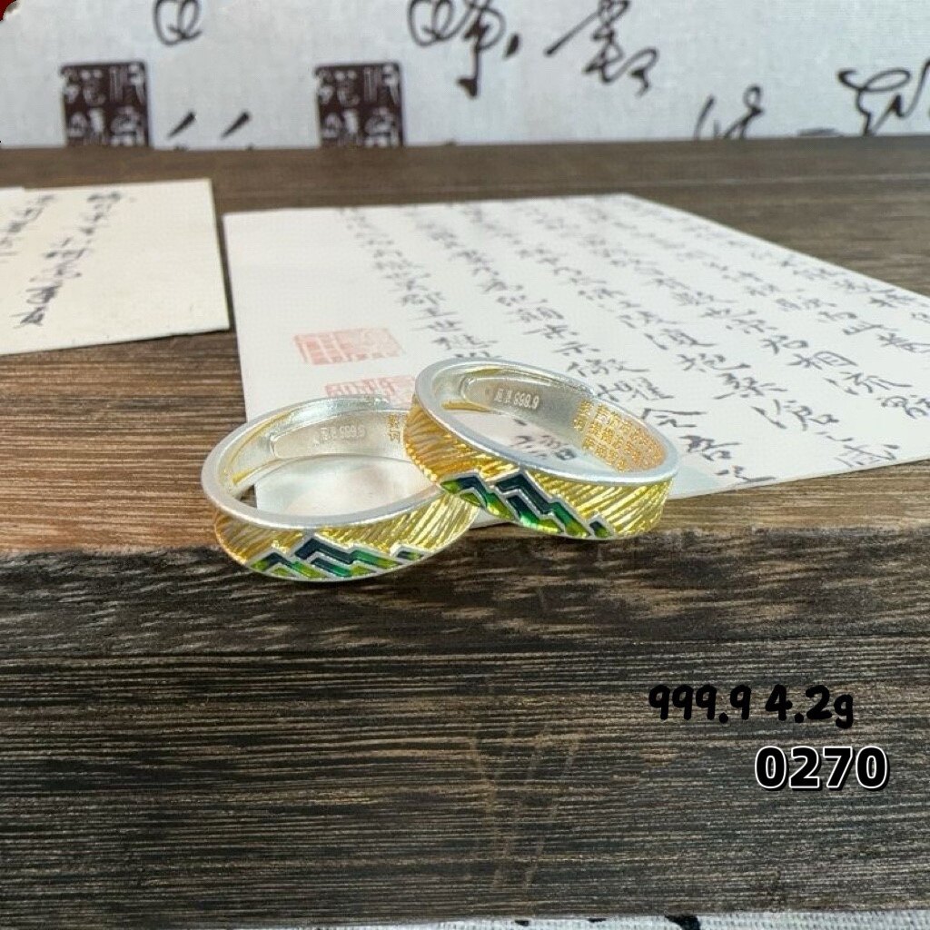 足银9999描金海誓山盟纯银戒指男女款珐琅彩万里江山指环对戒小众