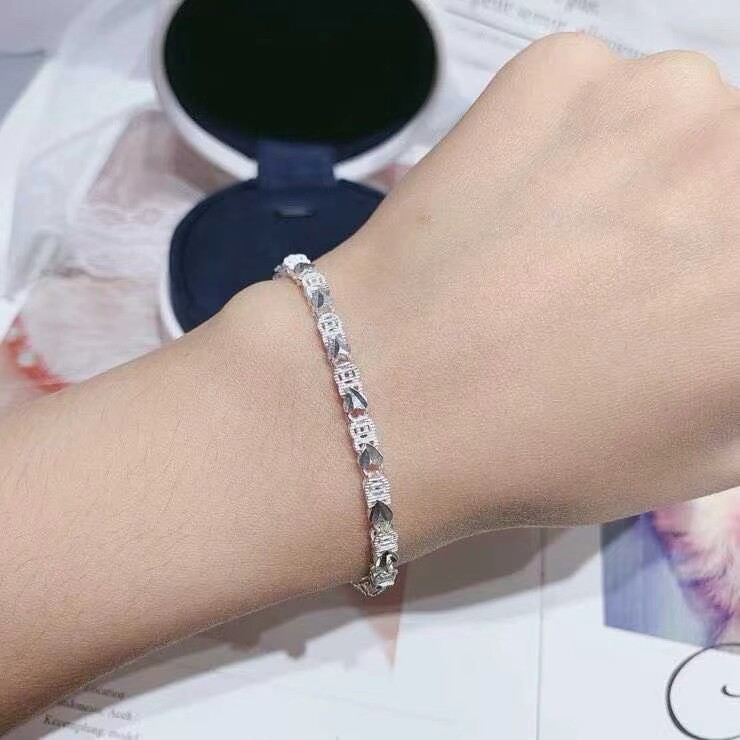 纯银999钱币爱心双面车花手链女式韩版足银银链子银饰情人节礼物