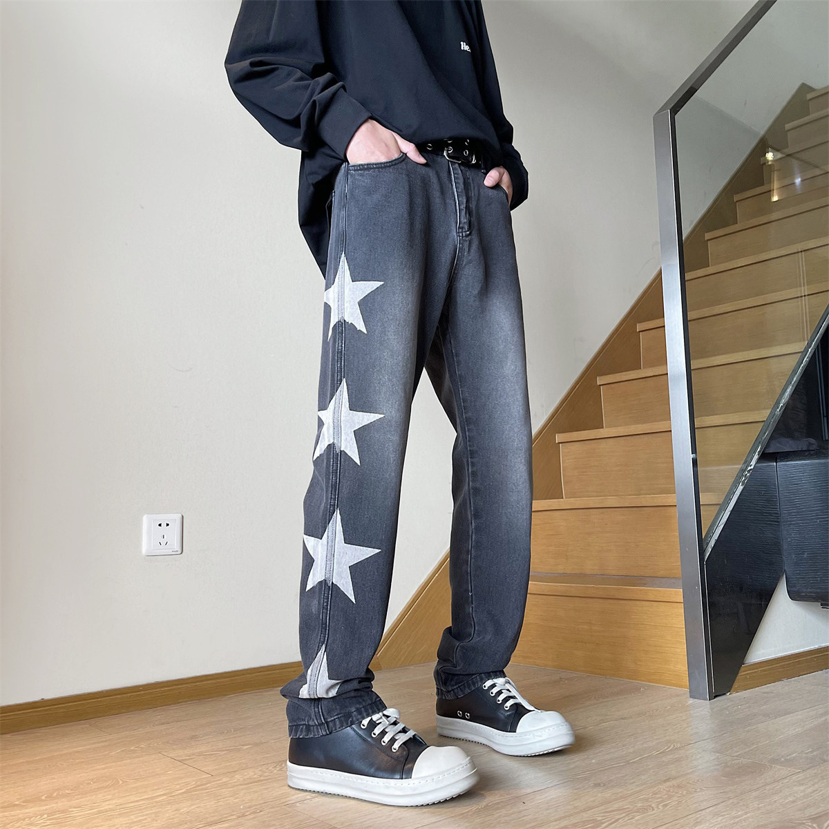 B299-NK22038弹力五角星印花牛仔裤小众修身直筒P48控78，男装牛仔裤，电商A421