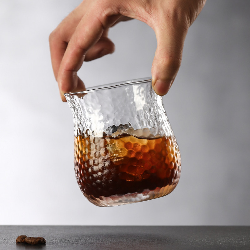 复古风锤纹冰美式拿铁咖啡杯玻璃杯咖啡厅特调牛奶杯饮料杯果汁杯