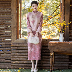 冬款加厚长款改良长袖旗袍马甲两件套装2026新款女复古拜年服冬季