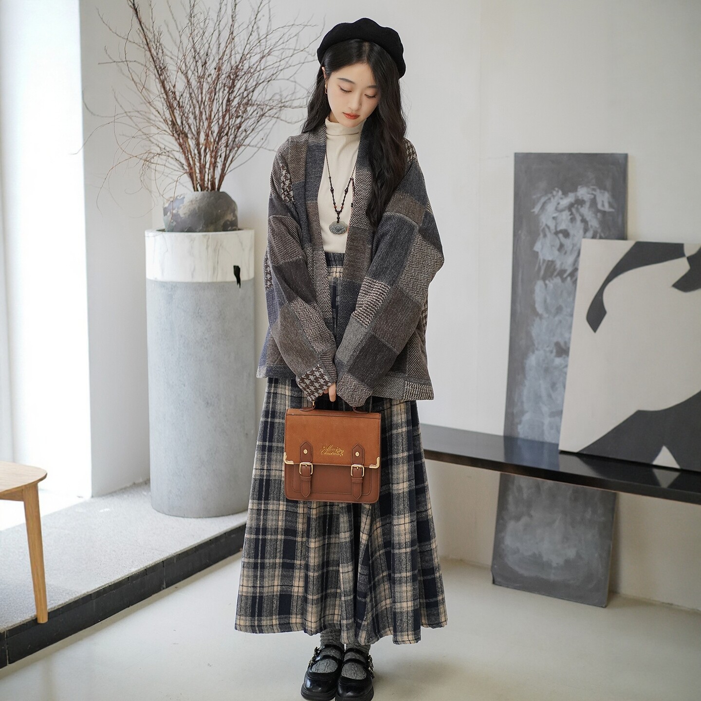 枳羽棠汉服女宋制毛呢飞机袖加绒加厚有口袋松紧腰八破裙秋冬日常