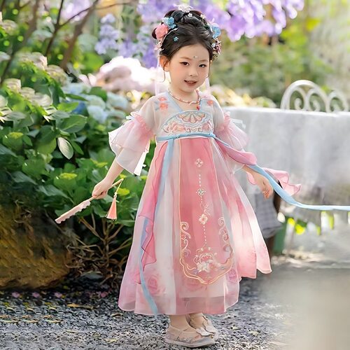 女童汉服春夏连衣裙儿童古装超仙短袖襦裙唐装古风公主裙