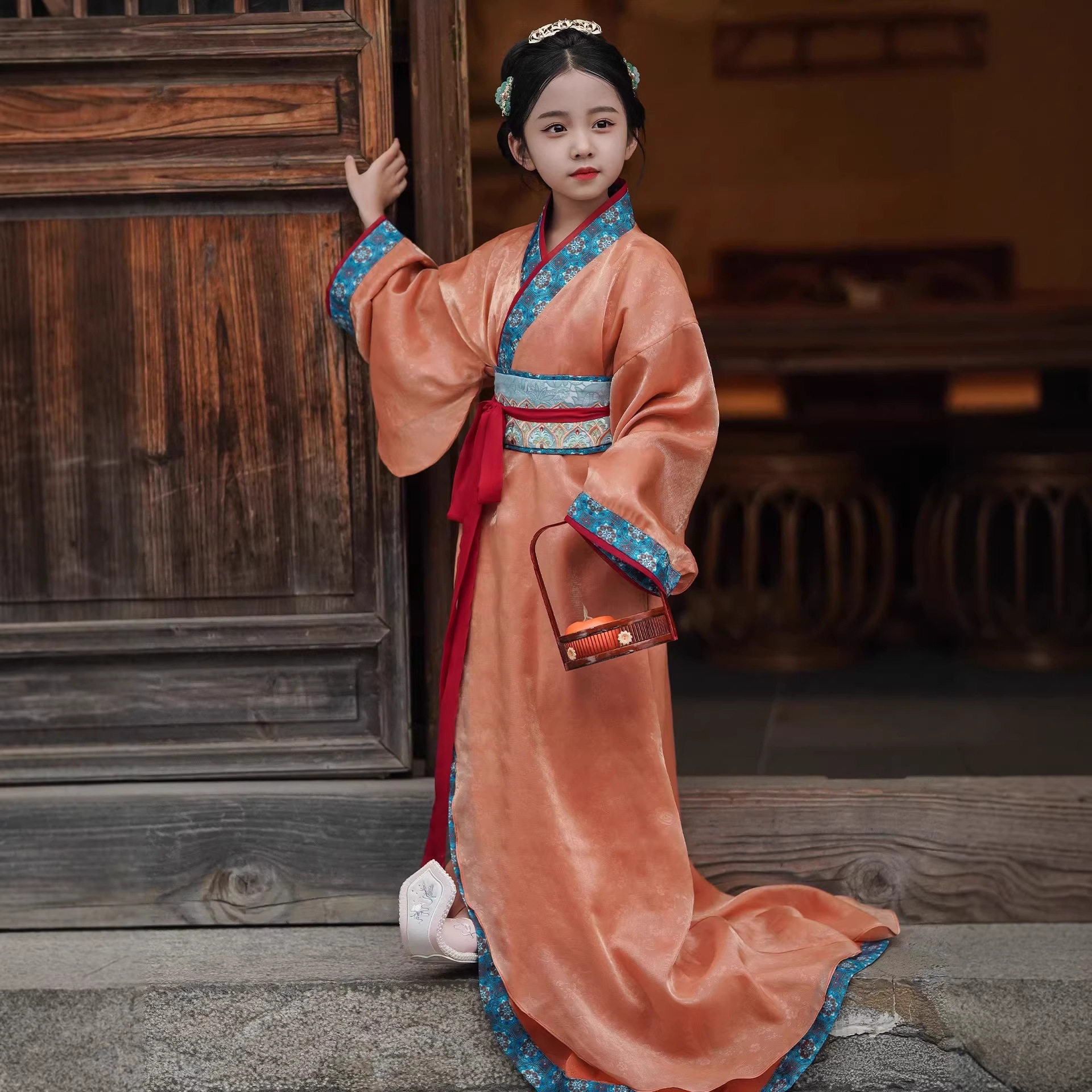 原创战国袍女童汉服儿童复原直裾袍中国风古装摄影宝宝礼服表演服