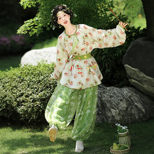 原创唐制绣花短款圆领袍汉服灯笼裤套装2026新款日常夏季盛唐套装