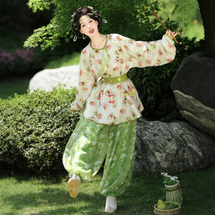 原创唐制绣花短款圆领袍汉服灯笼裤套装2026新款日常夏季盛唐套装