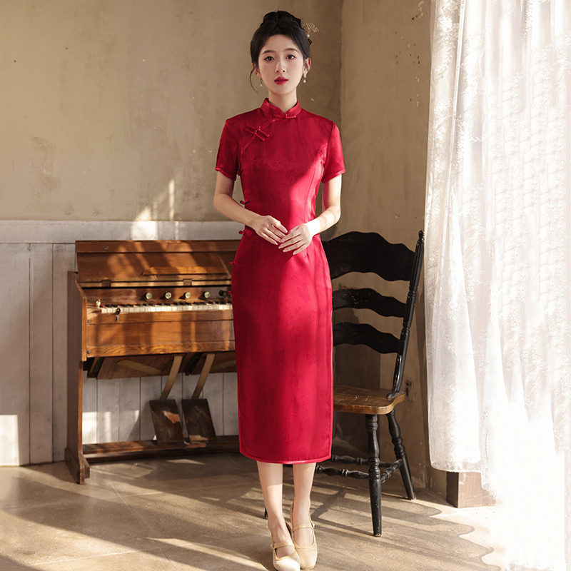 红色中长款改良旗袍2026新款女复古修身短袖喜妈妈夏季小个子