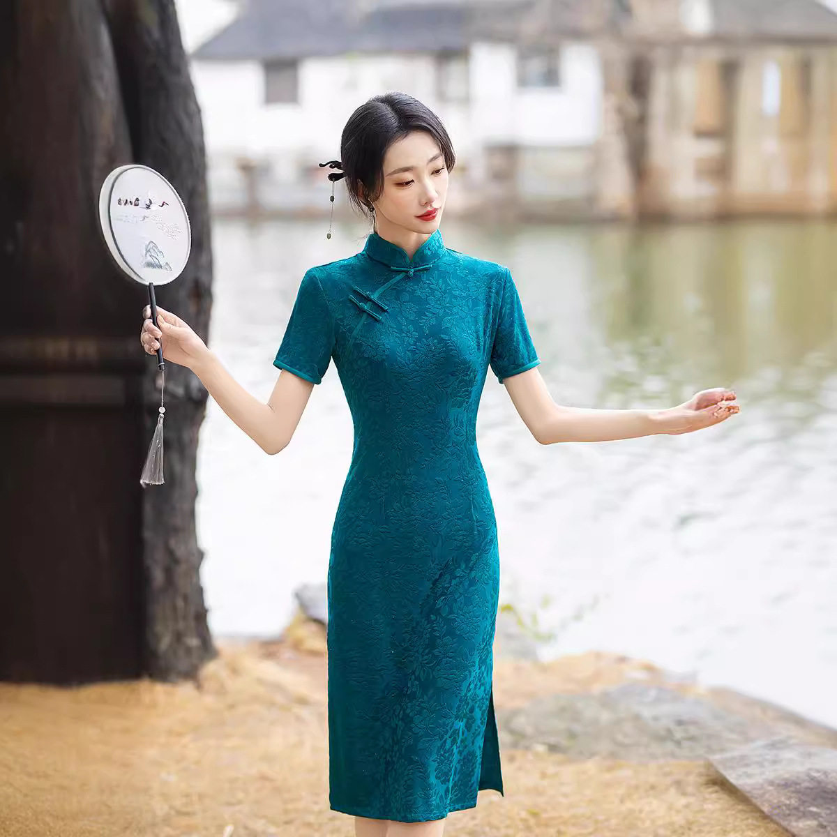 靓依铺针织提花中长款层2026新款夏妈妈修身显瘦日常旗袍裙