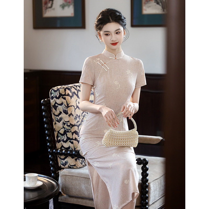 新中式粉色改良旗袍夏季新款年轻短袖显瘦日常小个子连衣裙女