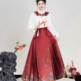 套装 原创新中式 日常红色马面裙配白衬衣对襟衫 花瑶 明制汉服女
