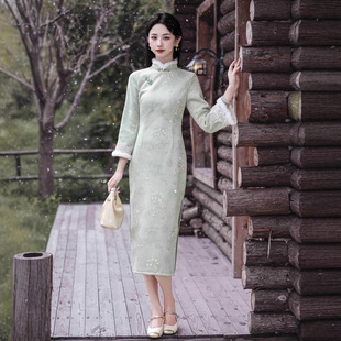 靓依铺秋冬绿色旗袍冬装女新中式冬天加绒加厚小个子长袖日常