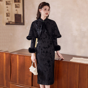 黑色加绒冬装国风新中式长袖旗袍冬季厚款女感改良年轻款披肩
