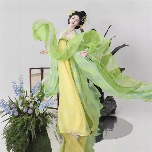 原创齐胸唐制复原破裙印花大袖衫新款汉服套装女仙气飘逸披帛