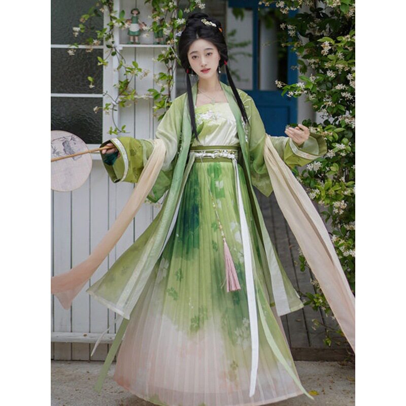 新款原创汉服宋制绣花小袖长褙子褶裙日常出游踏青长干寺改良古装