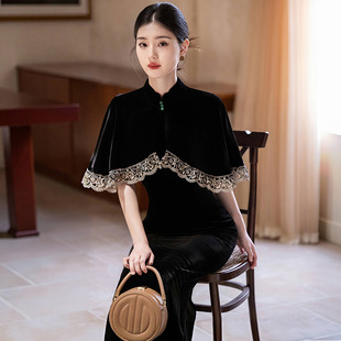 黑色丝绒国风新中式秋季无袖旗袍披肩套装年轻款女复古收腰