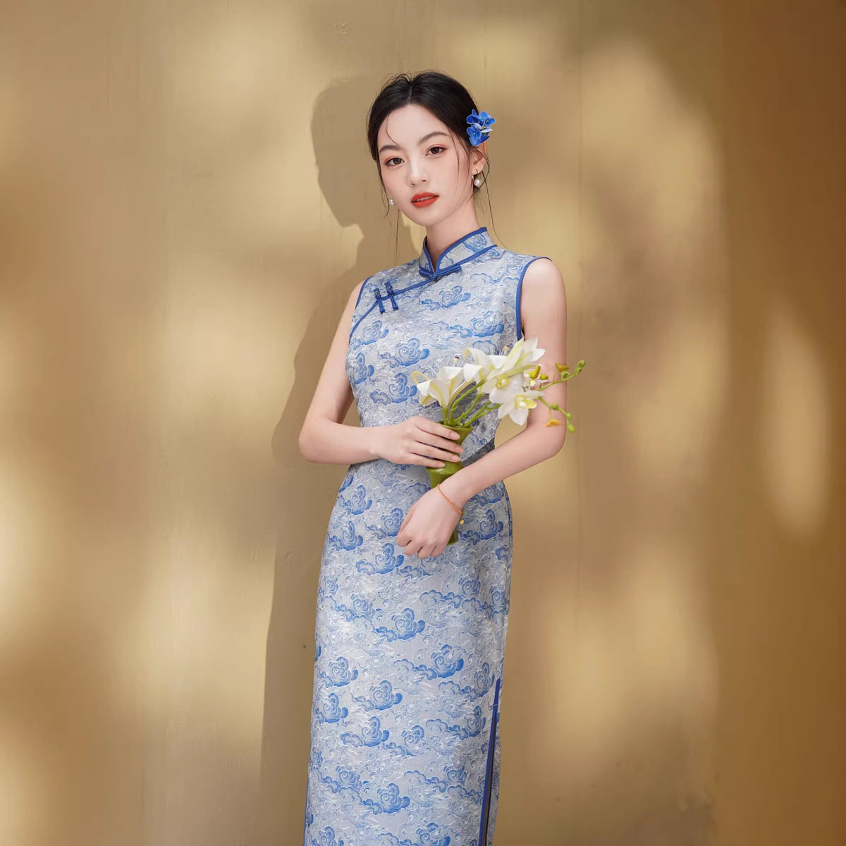 2026新款春夏改良显瘦仿复古旗袍长款提花丝绸祥云中国风修身女装